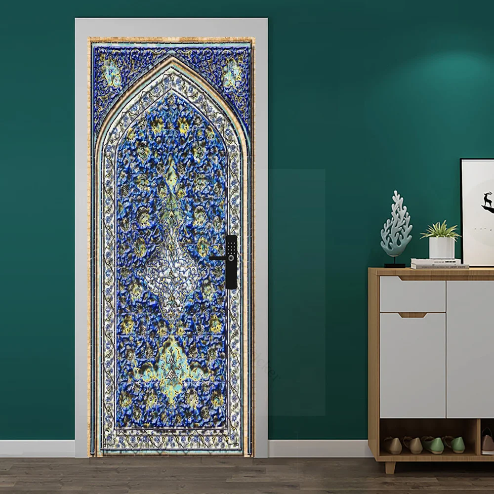 PVC Self-adhesive Removable Muslim Arabic Door Sticker Allahu Islamic Wallpaper Living Room Door Decor 3D Decal Wall Stickers view 4