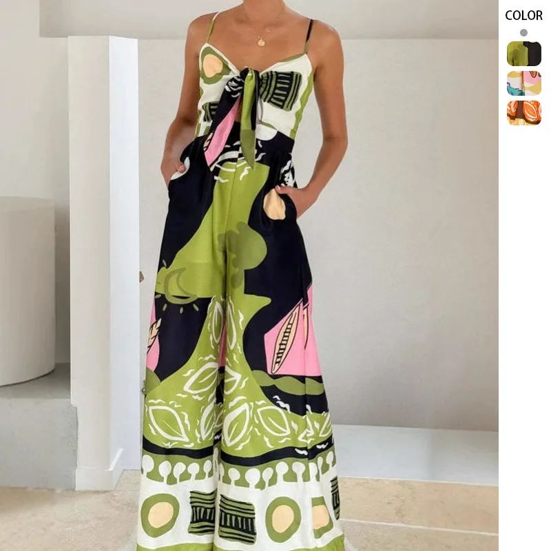 

Stylish European And American Women Casual Jumpsuit With Digital Print And Chic Front Tie Detail Fashion Outfit