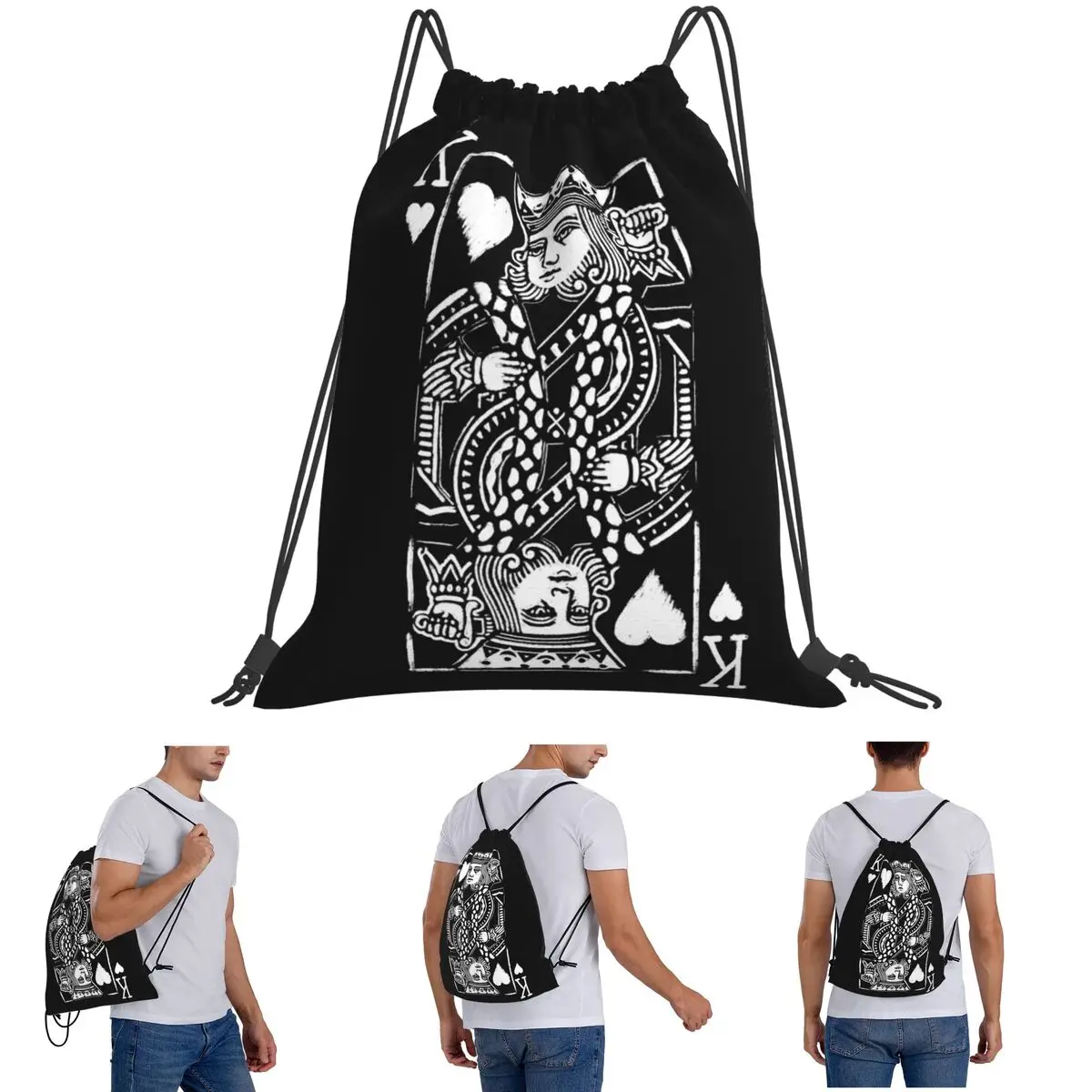 King Of Hearts Painted Poker Playing Card Backpacks Casual Drawstring Bundle Pocket Sports Bag Book Bags for Travel School