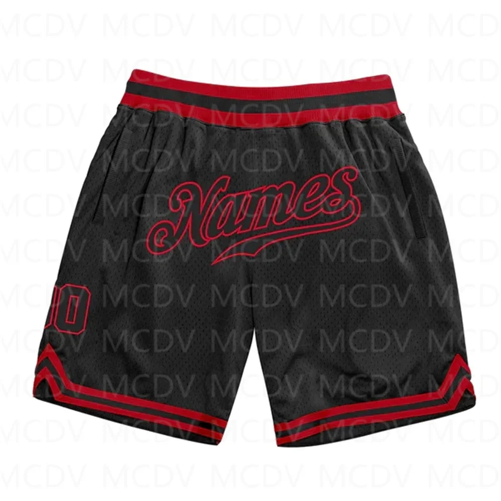 Pantalones cortos de baloncesto personalizados para hombre, Shorts de playa de secado rápido, estampado 3D, negros y rojos auténticos