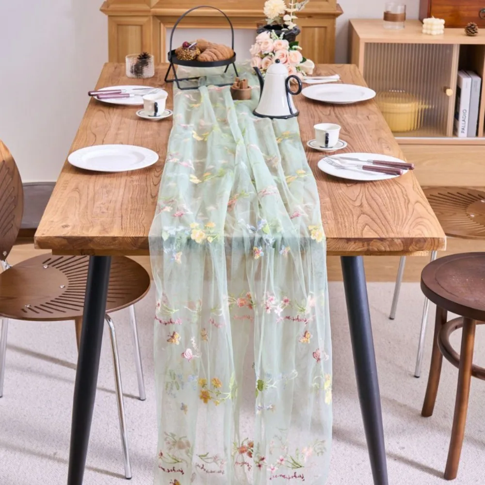 Wildflower Embroidery Tulle Table Runner Butterfly Floral Dining Decor for Wedding Bridal Shower Birthday Party