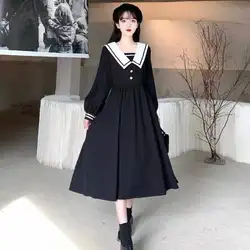 College Style Navy Collar Waist Cinching Loose and Slimming Dress New Japanese Sailor Suit Long Skirt