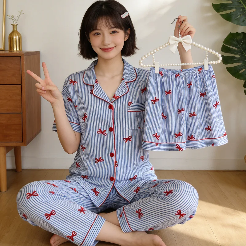 

Нежный красный комплект пижамы с бантом и рюшами для женщин, летний новый полосатый комплект из трех предметов с коротким рукавом, тонкая домашняя одежда, летний наряд