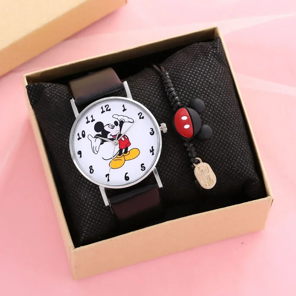 Novo Conjunto de Relógio e Pulseira Disney para Mulheres e Crianças, Caixa de Presente, Relógios de Moda do Mickey Mouse para Crianças e Mulheres, Pulseiras com Caixa