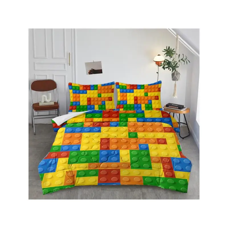 

3pcs Colorful Dot Building Blocks Bedding Set, Summer Quilt Comforter Duvet, Queen Size, Fun Brick Design