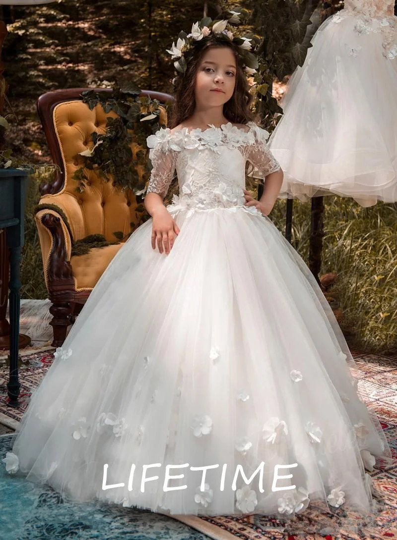 Cute Flower Girl Dresses Sheer Jewel Neck Long Sleeves Lace with Sash Back Girl Formal Party Wear Birthday Communion Dress