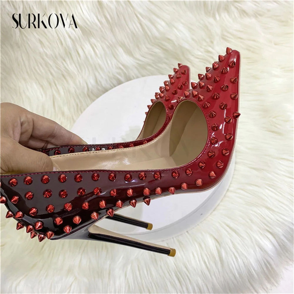 New Red Gradient Color Rivet Stilettos for Women Pointed Toe Slip On Women's Shoes American Style Punk Fashion High Heels Pumps