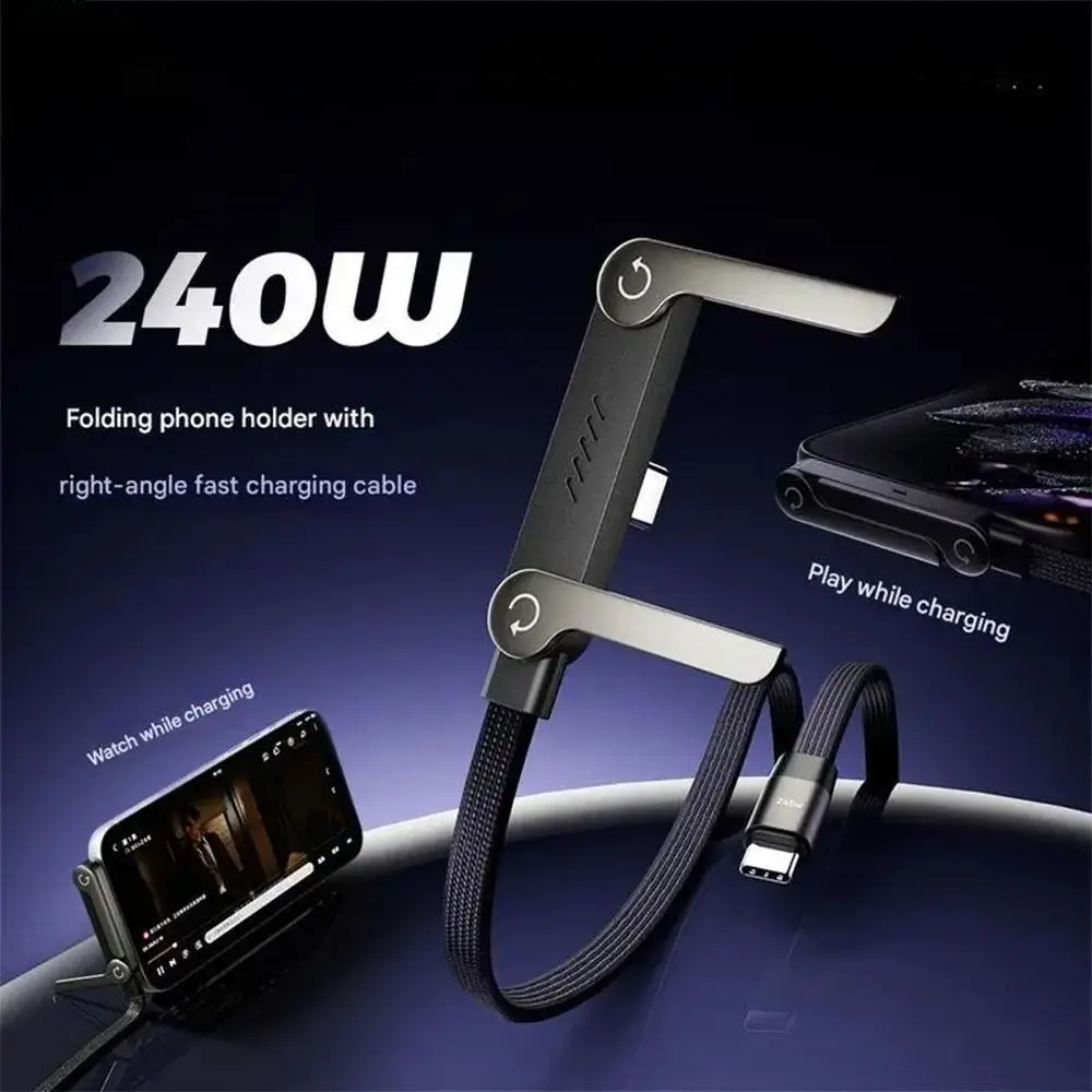 Creative 240w Cable Charger with Built-in Phone Stand 2-in-1 Fast Charging Cord Sideways Phone Charger for Smartphones Tablets