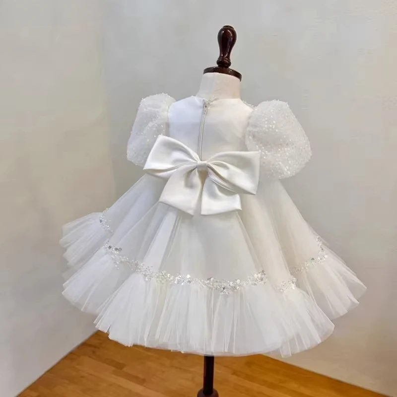 2025 vestido tutú blanco brillante de gama alta, traje de fiesta de boda para niña con flores de cumpleaños, vestido de princesa de estilo coreano para niñas