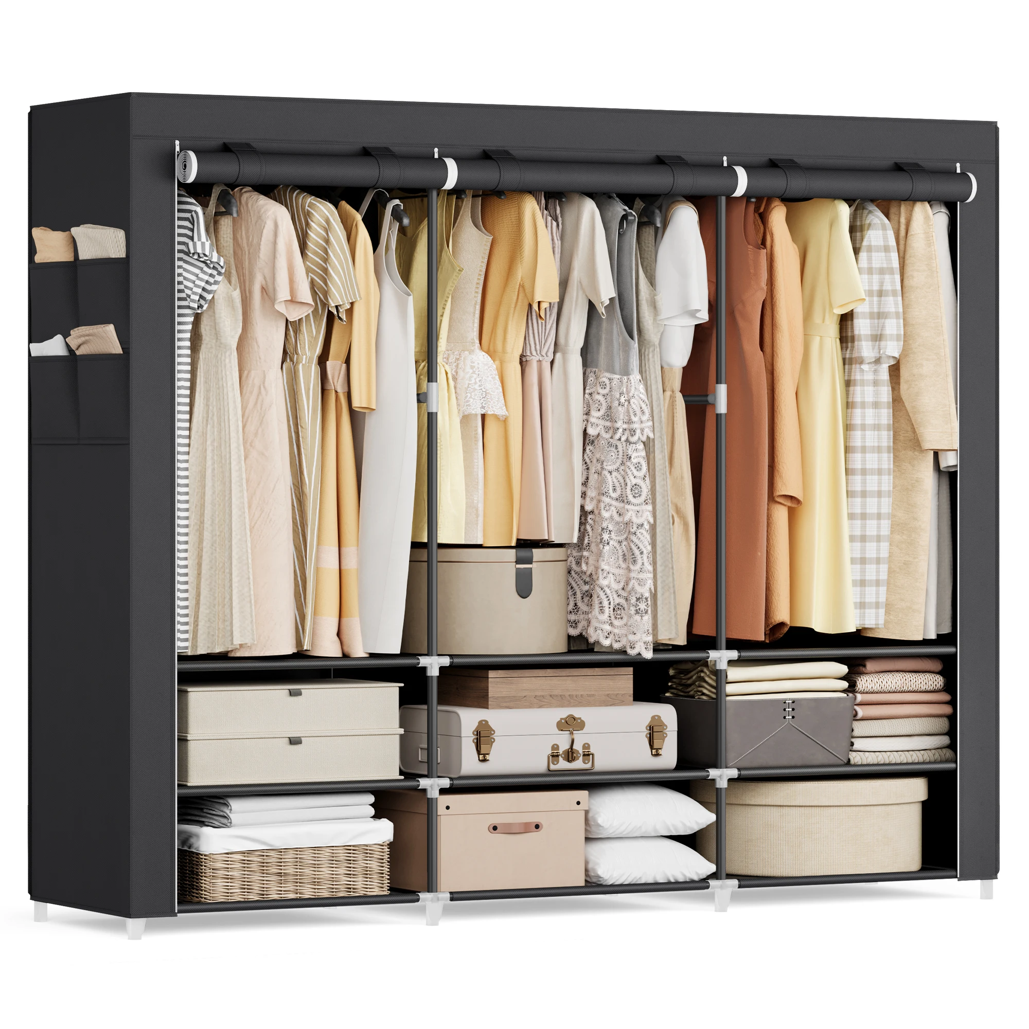 Stoffen kast, kast, ruim, 45x188x176 cm, 3 hangende handventilatoren, opbergruimte, 4 zijvakken, voor slaapkamer