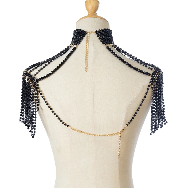 Europe and the United States new fashion personality necklace female dress shoulder chain body chain fringe multi-layer pearl ne