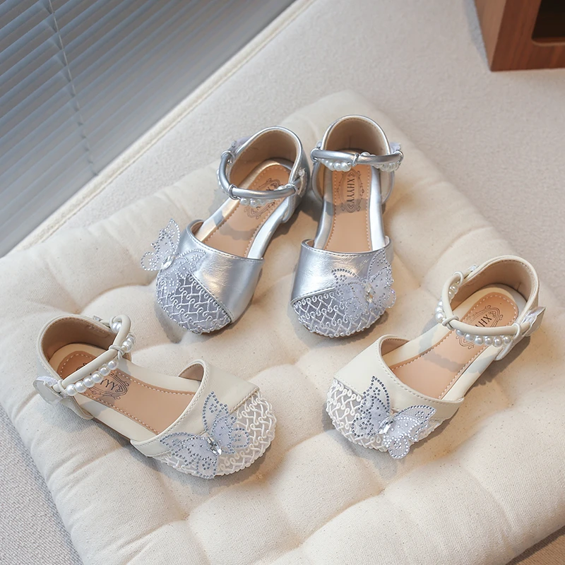 Girls Half Sandals Children Princess Sandals with Butterfly Pearl Decor Non-slip Soft Sole Kids Summer Beach Shoes Size 23-36