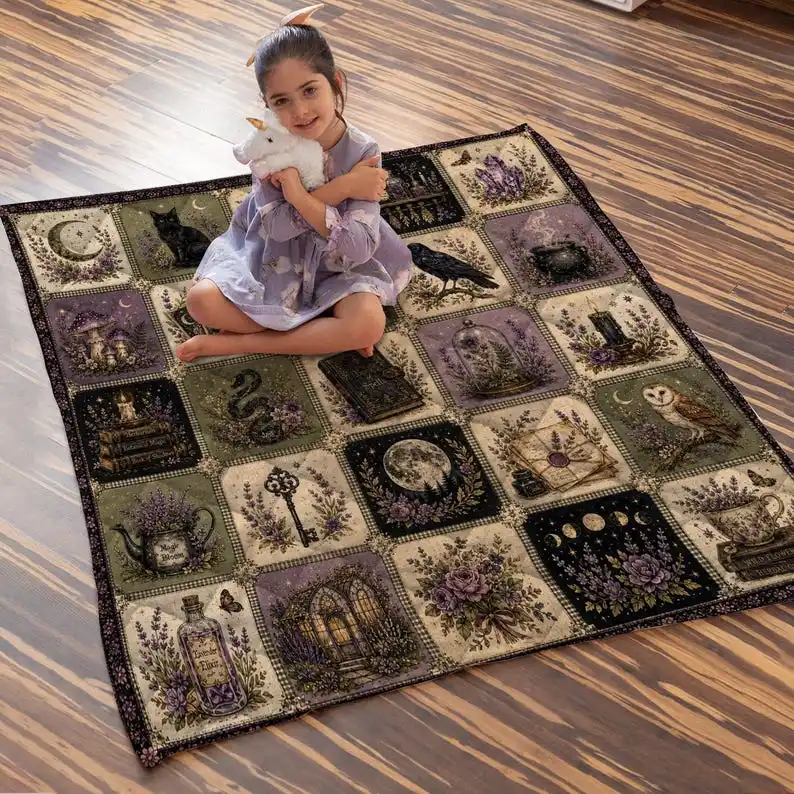 Gothic Witch Patchwork Quilt, Dark Cottagecore Throw, Lavender Moon Raven Bedding Set, Botanical Magic Witchy Gift for Black Cat Lover Boho