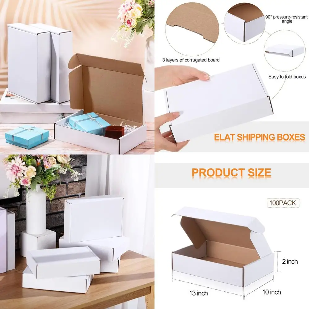 100 pacotes de caixas de transporte de papelão branco para presentes de pequenas empresas, 13x10x2 polegadas