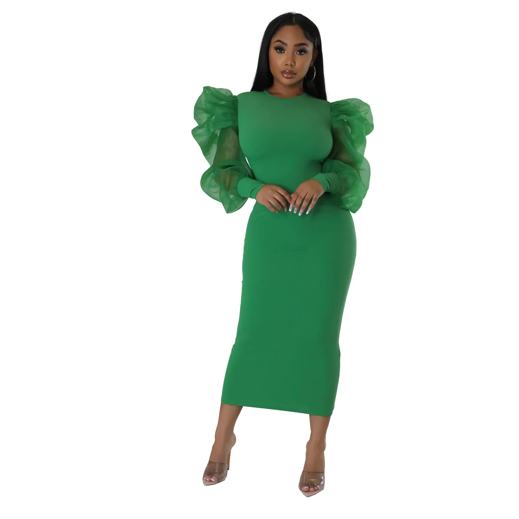 Afrikanische Kleidung, elegante afrikanische Kleider für Frauen, Herbst, afrikanische Langarm-O-Ausschnitt, Polyester, langes, figurbetontes Kleid, Maxikleid