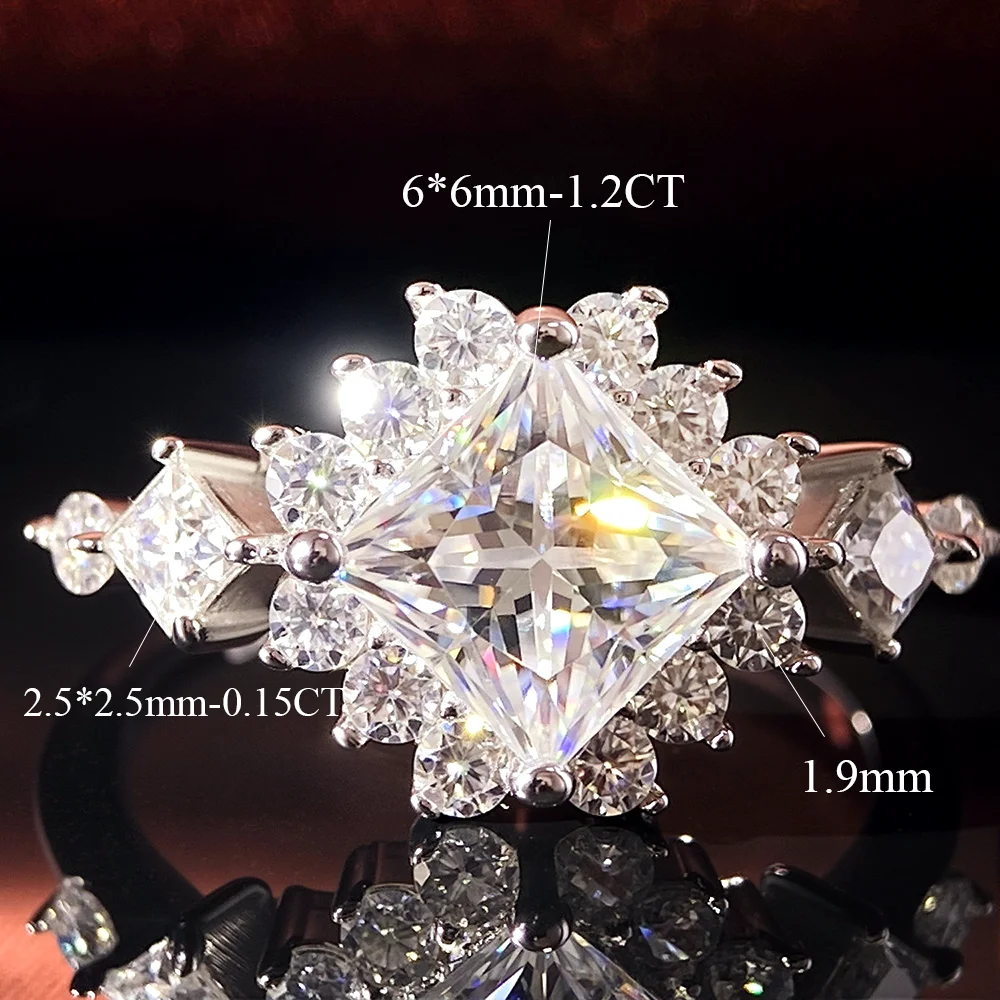 COSYA 1.2CT 6mm Princess Cut Full Moissanite Ring Ffor Women 100% S925 Silver  D Color Halo Wedding Band Engagement Fine Jewelry