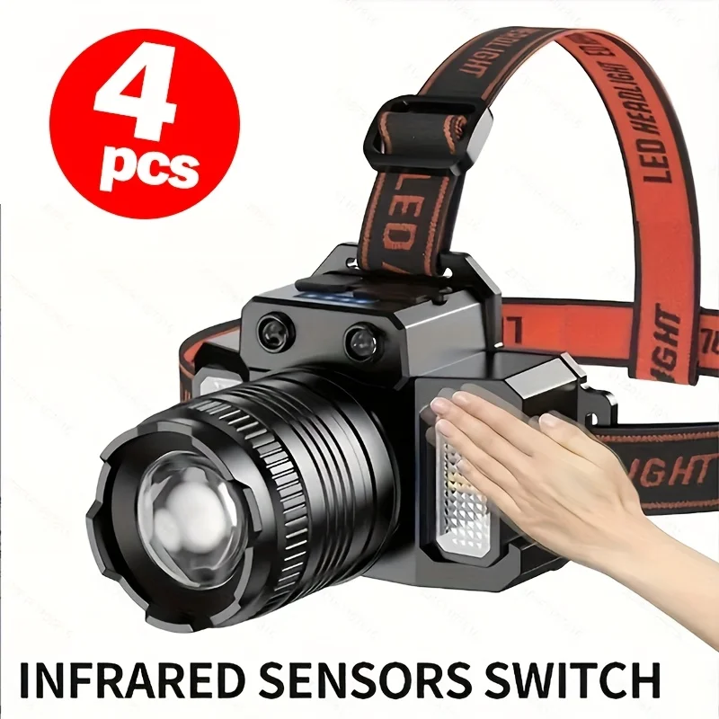 

4pcs Model Of Retractable Zoom Headlamp, Equipped with A COB Side Light And 8 Lighting Modes, IPX4 Waterproof, Suitable for Home Decoration, Work, Maintenance, Camping, Running, And Hiking, Camping Flashlight, Hiking Light, Zoomable Beam, Retractable Head