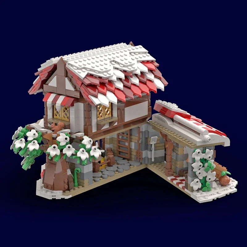 charming winter medieval market bricks snow village diorama house blocks town shop store moc livestock pen stall building set