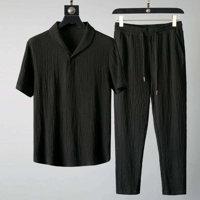 

Men's Ice Silk Quick Dry Sportswear Set Lightweight Summer Casual Collared Short Sleeve Trousers Ventilated