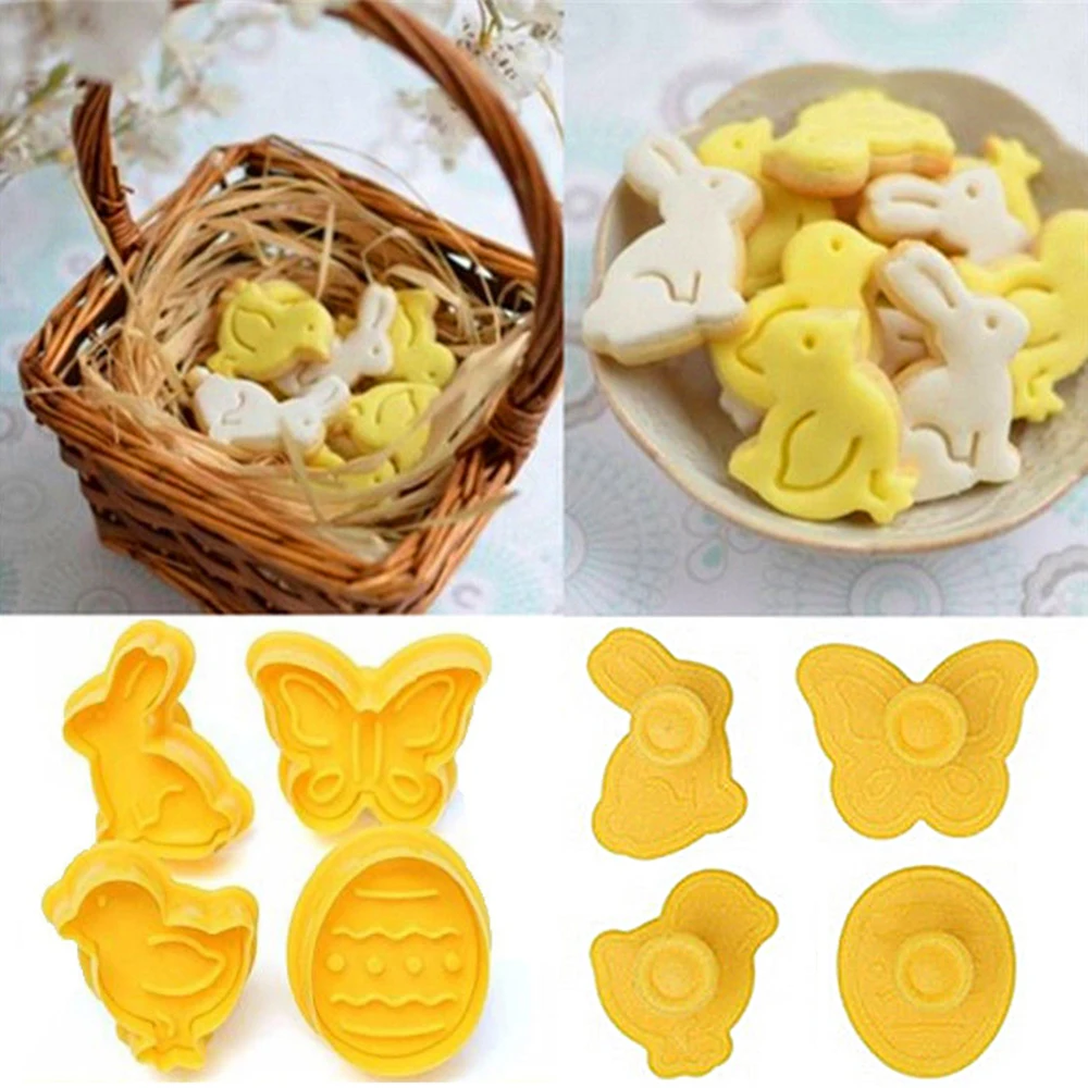 4Pcs Easter Bunny Pattern Plastic Baking Mold Kitchen Biscuit Cookie Cutter Pastry Plunger 3D Die Fondant Cake Decorating Tools