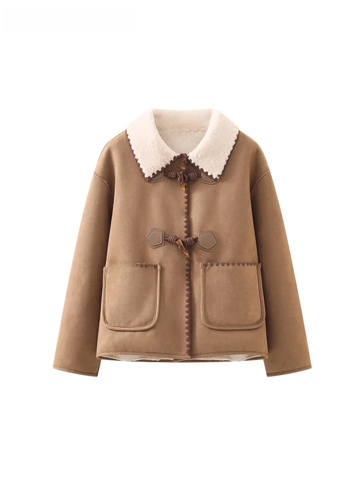 

La Chapelle Thiened Casual Lamb Fur Jaet Women's Coat Stand Collar Button Design Winter New Sle Polyester Fiber Long Sl...