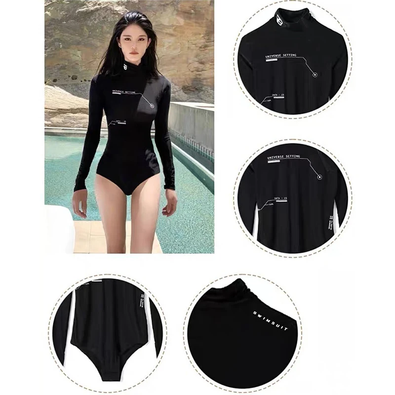 Outdoor Black Long Sleeve Swimwear Women Sexy Push Up One Piece Swimsuit Korean Slimfit Monokini Beach Bathing Suit