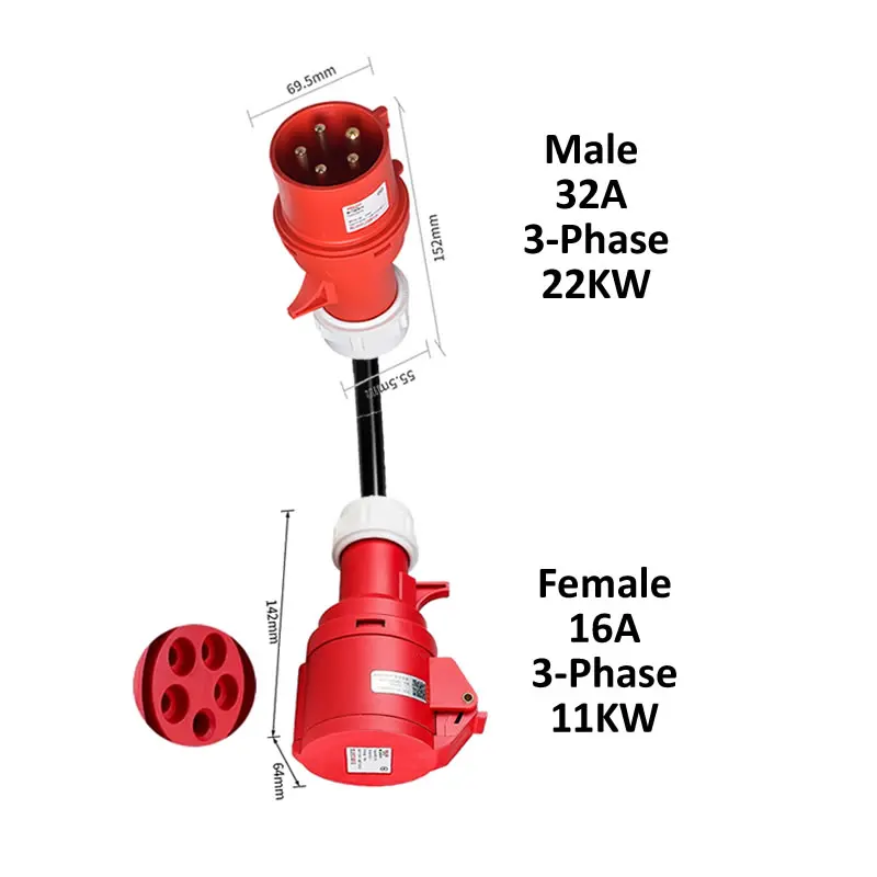 Ladeadapter für Elektrofahrzeuge CEE-Stecker 16A/32A Rot zu Buchse Blau 1-phasig 32A 7KW 16A 3,5KW Rot 3-phasig 16A 11KW 32A 22KW – Detail 7