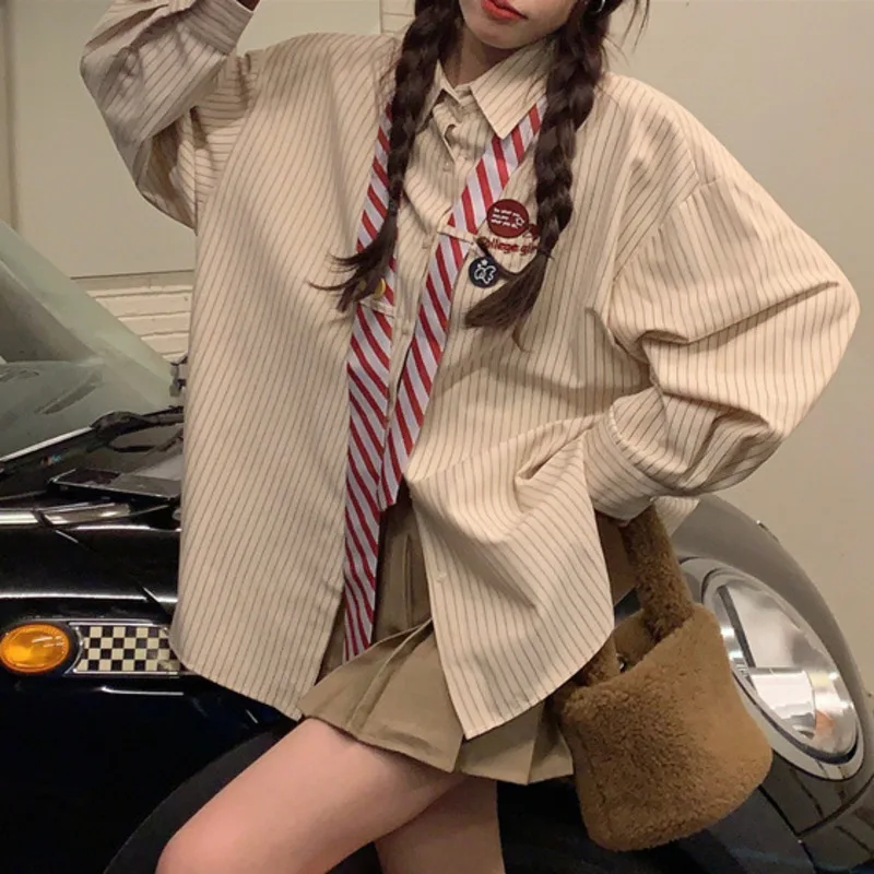 2025 Autumn Women New Vintage Striped Patchwork Necktie Shirt Long Sleeve Oversize Friends Blouses Preppy Style Blusas Top