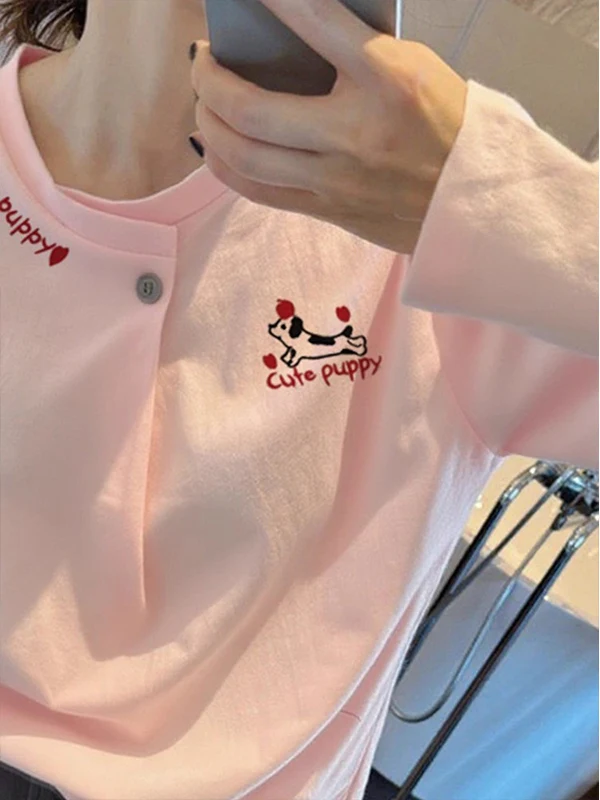 Chic coreano Sle Cartoon Print Pink Or Sve T-shirt rotonda Ne Button Design Piccolo oulder Fit Top casual da donna