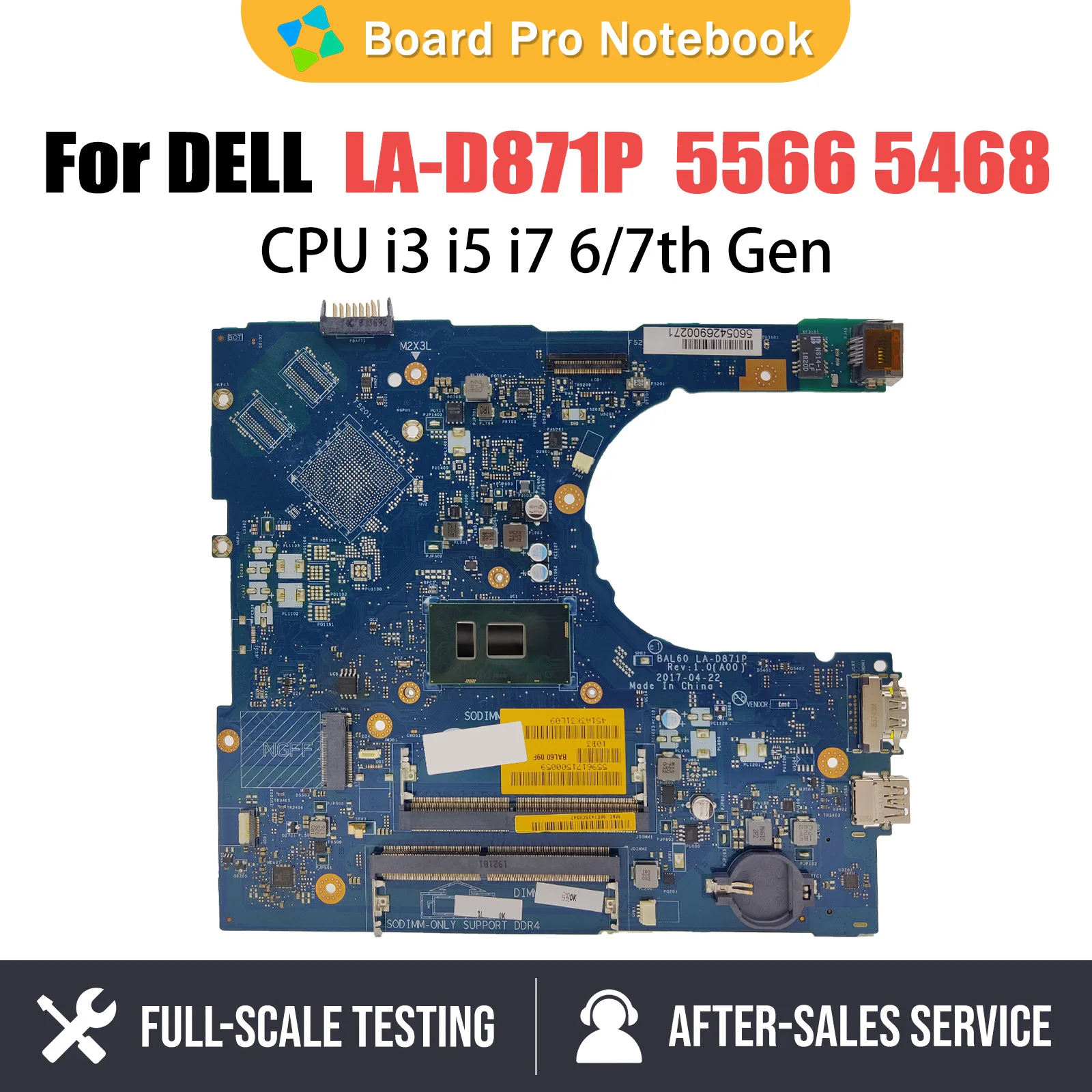 Laptop Motherboard For DELL Inspiron 5566 5468 BAL60 CN-0J922J CN-02PX9P LA-D871P Notebook Mainboard i3 i5 i7 6th 7th CPU