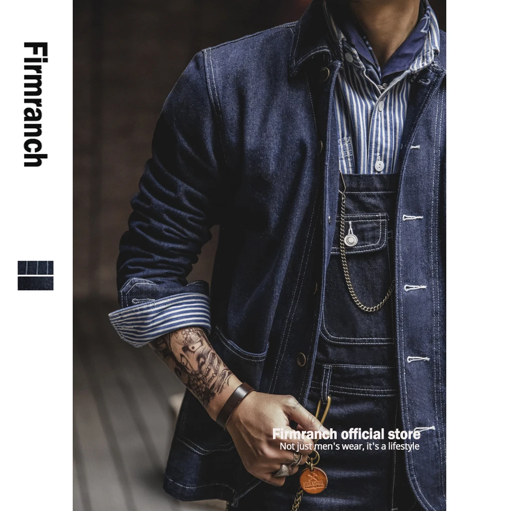 Firmranch Men High Quality Primary Color Denim jacket American Vintage Casual Wear Amekaji Retro Stripe Motorcycle Cargo Coat