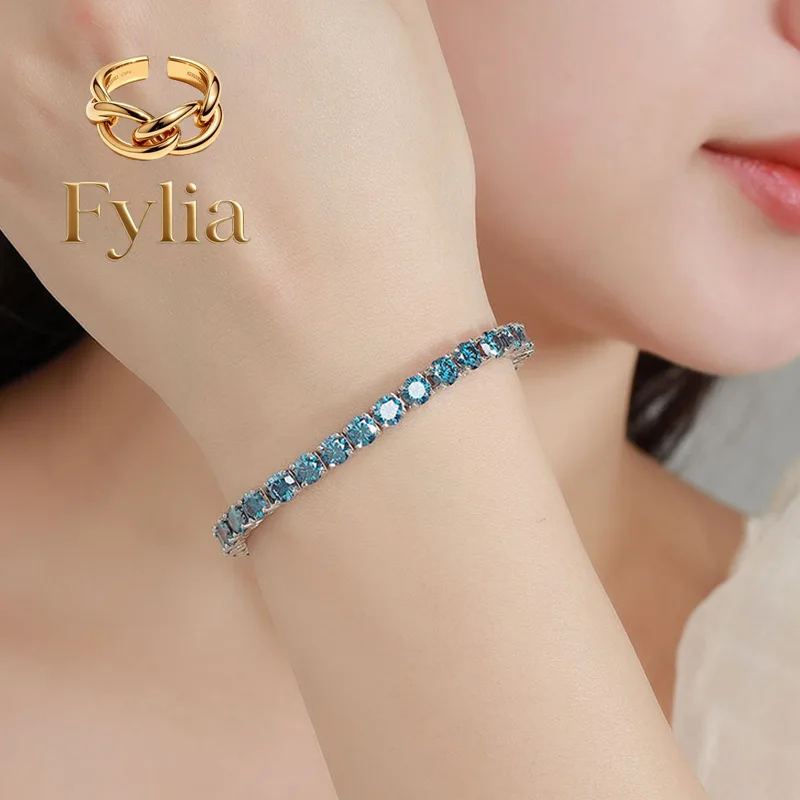 Joyería Fylia, Brazalete de Platino Sólido de Lujo PT950 para Mujer, con Diamantes de Moissanita Azul Real de 3 mm, Brazalete Tipo Tenis
