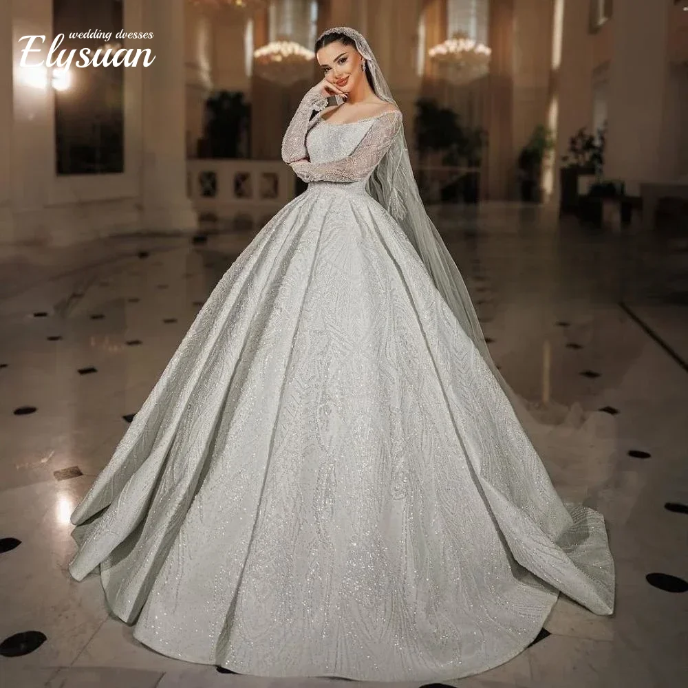 Op maat gemaakte sprankelende luxe trouwjurken met kralen, trein, strapless bruidsbaljurken met lange mouwen