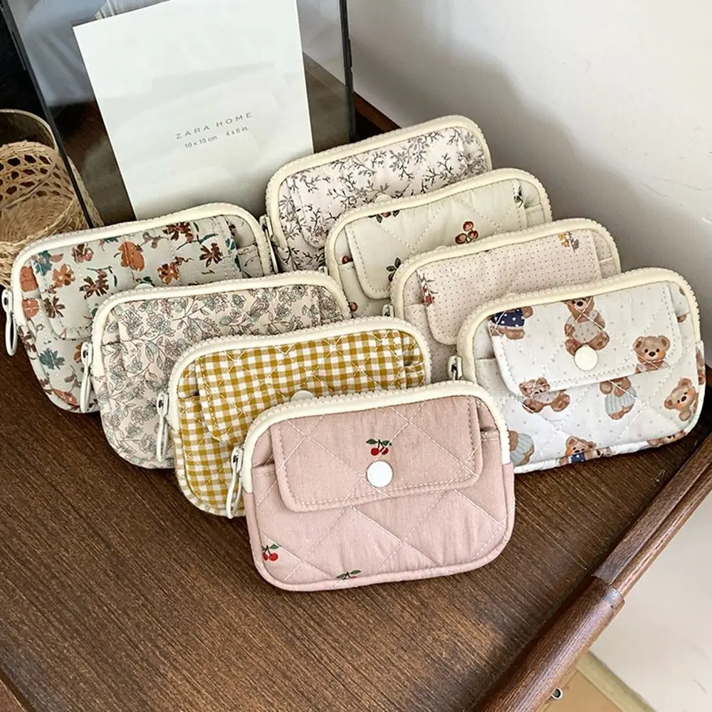 Tas dompet koin, tas kemasan perhiasan bunga, tas lipstik rias kecil gaya Korea, kapasitas besar, dompet koin motif garis