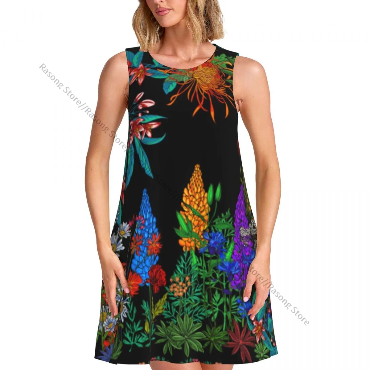 Women's Dress Summer Casual T Shirt Dresses Beach Cover up Wildflowers Background Tank Dress