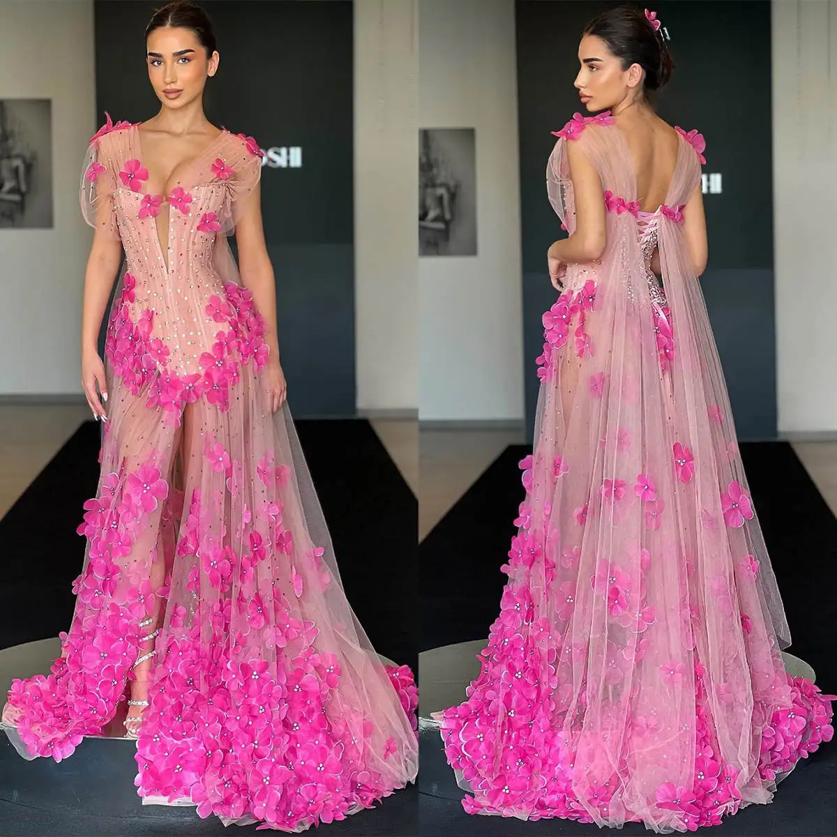 

3D Flowers A-Line Gown Prom Dresses Appliques Lace Party Dresses Plus Size V-Neck Custom Size Colour vestidos de festa