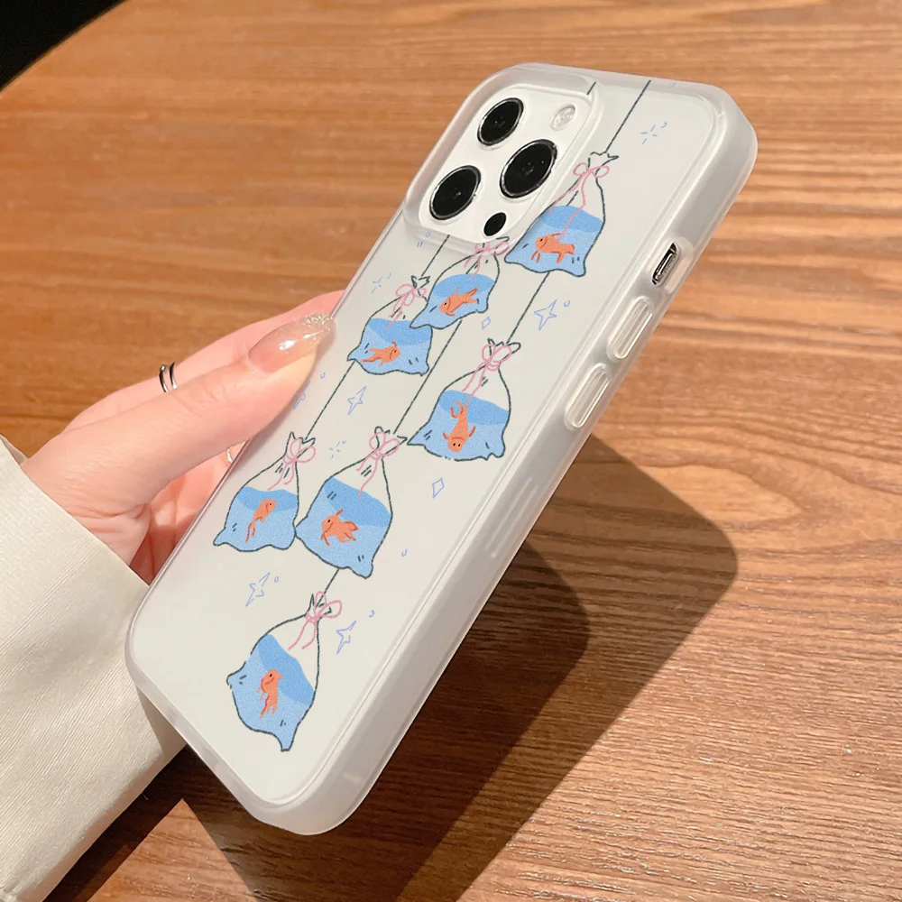 한국어 Ins 귀여운 물고기 전화 케이스 iPhone 13 16 15 11 12 14 Pro Max Plus 12 13 미니 매트 반투명 충격 방지 소프트 커버
