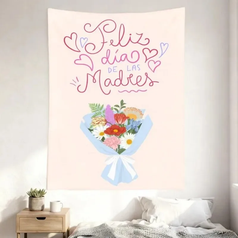 Happy Mother's Day Tapestry, Spanish Mother's Day Flower Bouquet Wall Hanging, Pink Heart-shaped Flower Wall Decor