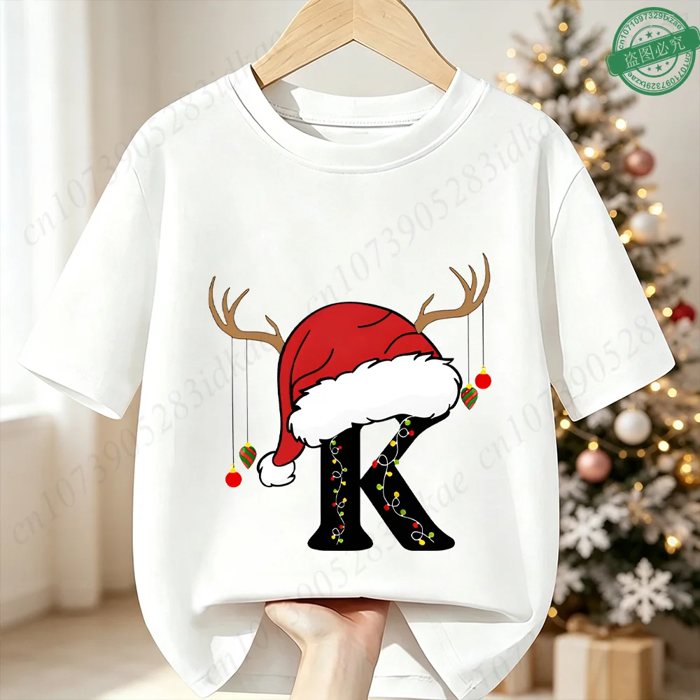 Boys Girls Xmas Party Tee Festive Santa‑Style A‑Z 26 Alphabet Christmas Graphic Cotton Short Sleeve Casual Children Party Top