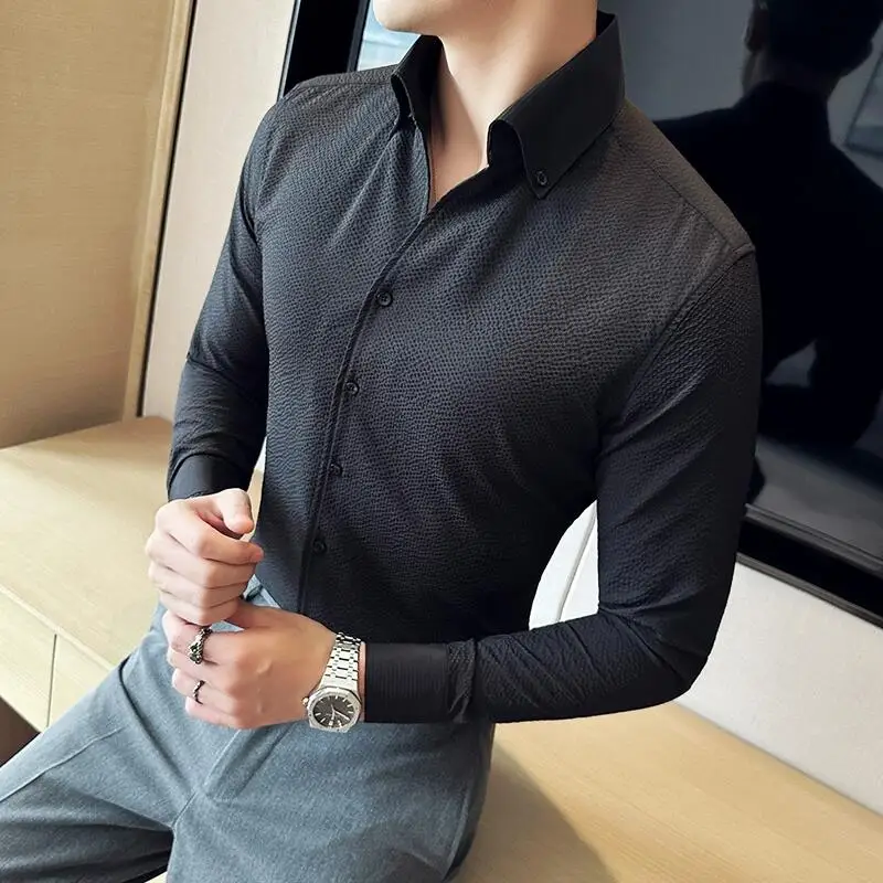 2024 Autumn New Waffle V Neck Shirt Men\'s Long Sleeve Standing Neck Slim Fit Business Formal Dress Shirt Social Tuxedo Shirt Top