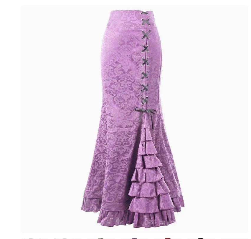 1pcs/lot Women Skirt Vintage Style Retro Mermaid Skirt Vintage Long Ruffle Slim Fishtail Skirt Lace-up Long Print Skirt