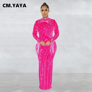 CM.Yaya-Women Mesh Long Sleeve Bodycon Midi-Kleid, Diamanten, heiße Kieselsteine, Maxi-Tankkleid, innere Kleider, 2 Stücke Anzug 8 Hauptverkäufe langes Chiffon gepresstes Kleid - №6
