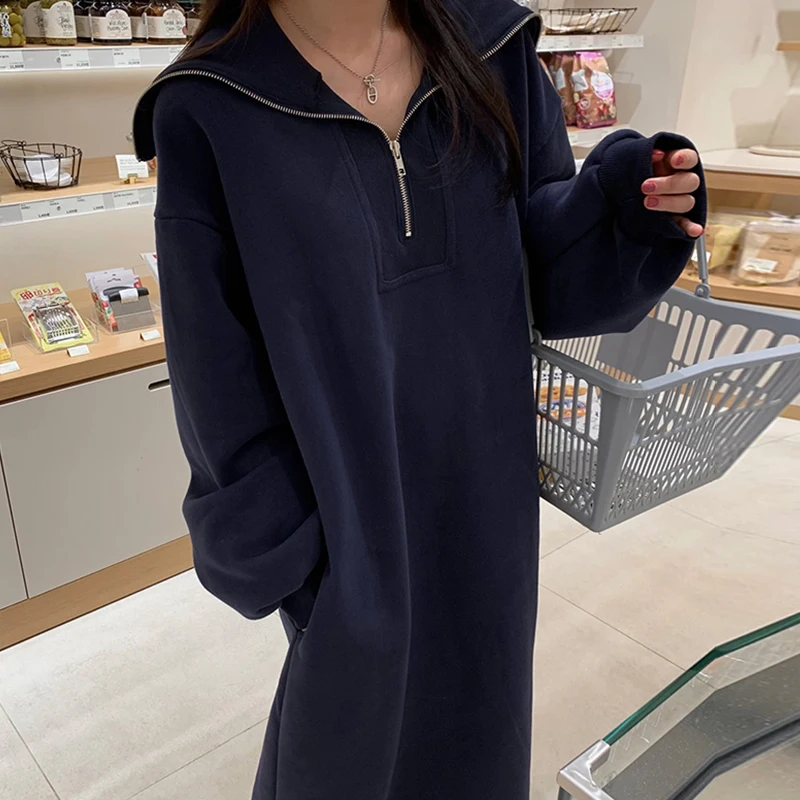 South korea Chic Autumn and Winter Gentle Idle Sle Sailor Collar Loose Casual Long sleeve Hoodie Dress Midi dress Women