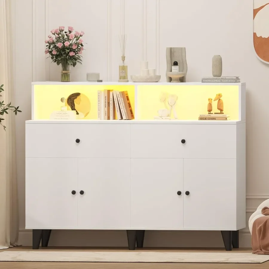 TV stand cabinet for living room and dining room: white wood with LED light, power outlets, drawers, adjustable shelves, and co