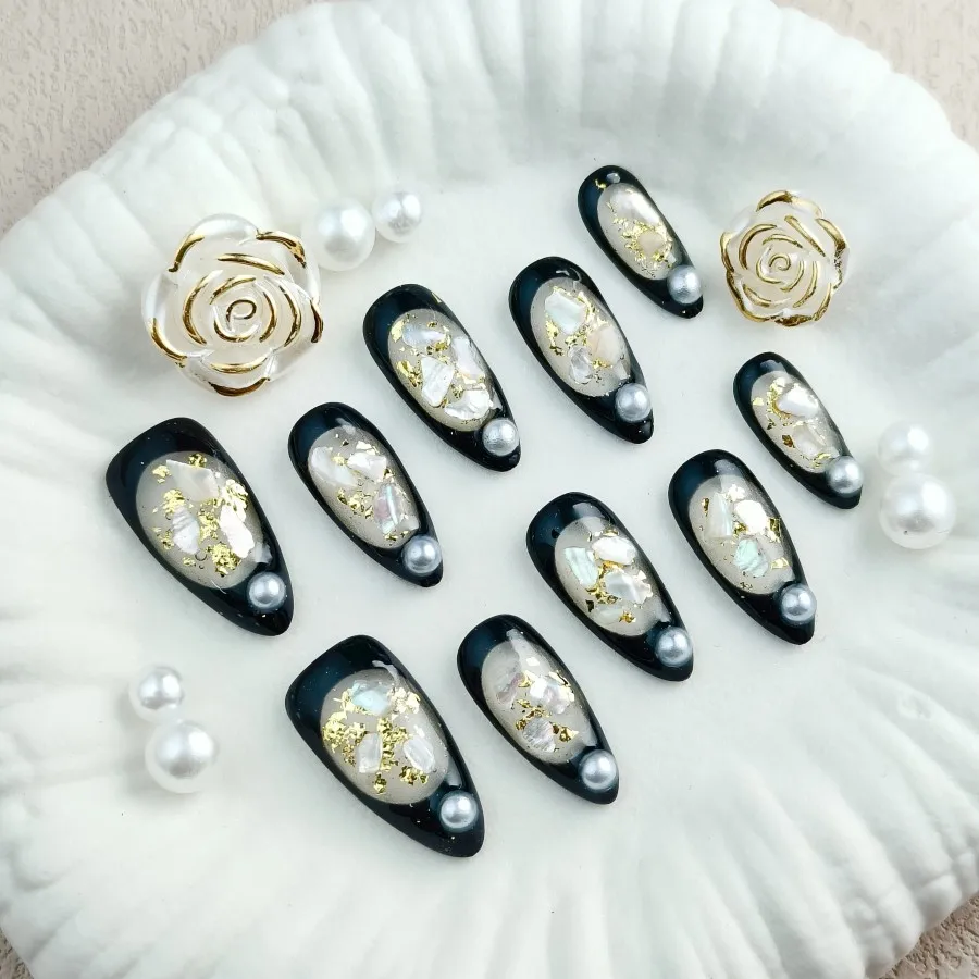 10pcs press fake nails, black elegant artificial nail suit, decorated with pearl paste fake nails, luxurious stick - on nails