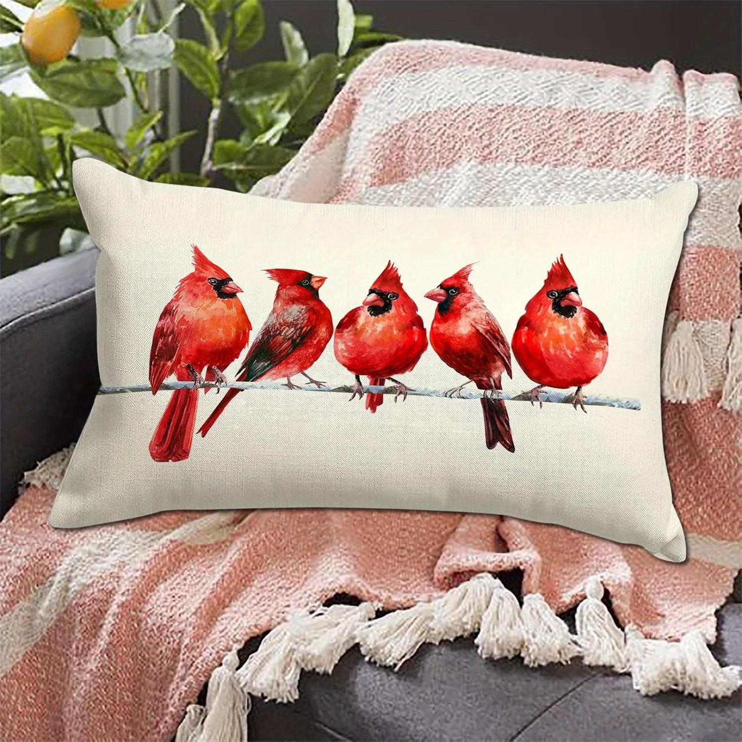 1pc Cardinal Birds Perched Lumbar Pillow Cover, Suitable for Sofa, Bedroom, Living Room, Study, Natural Gift for Bird Lovers