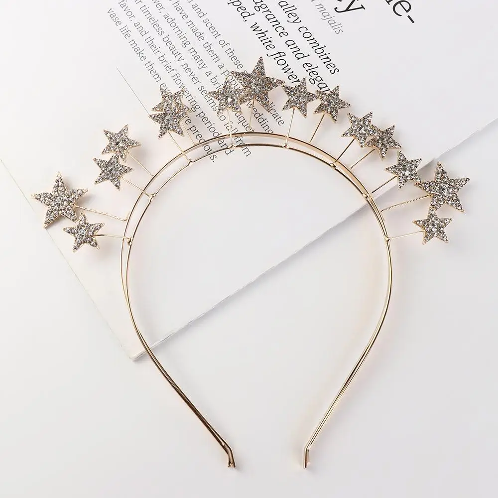 Elegante aro de pelo de estrella de Metal, tocado de corona de Halo de princesa plateada, diademas barrocas bicapa para boda