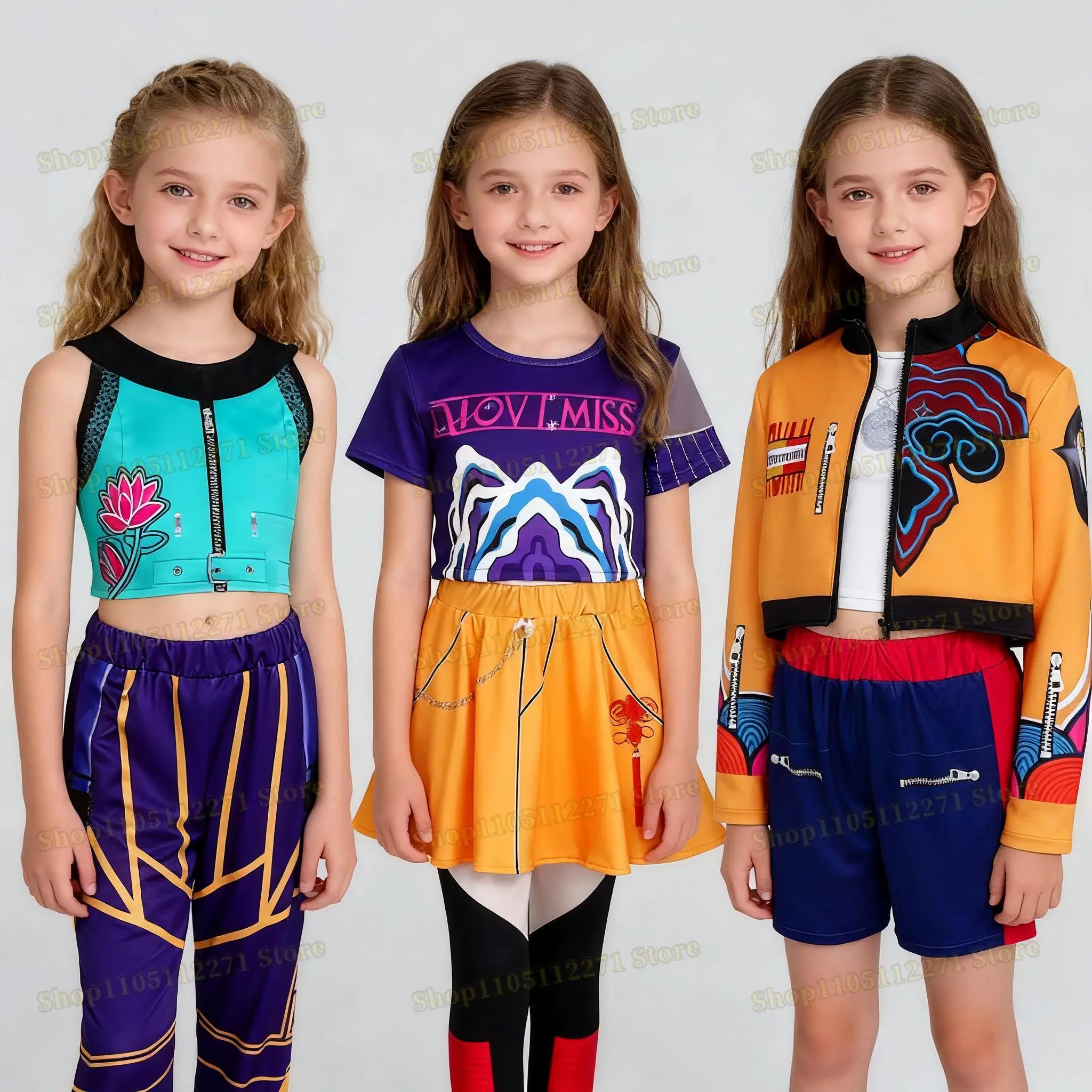 2026 Bambini Ragazze Film Kpop Rumi Costume Cosplay Stampa Demon Hunters Zoey Mira Cosplay Carnevale Spettacolo Vestiti Huntrix Set