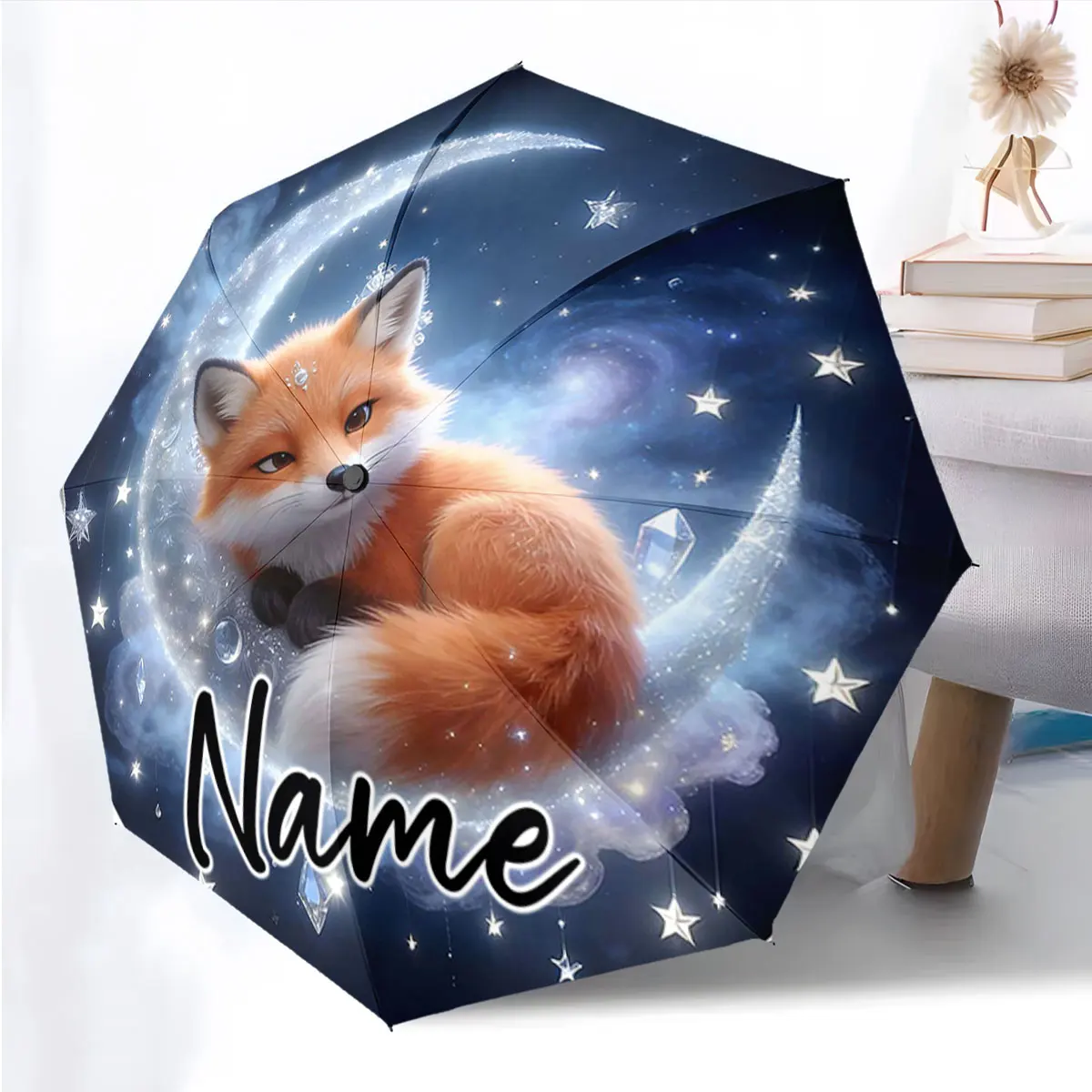 Custom Name Starry Fox Dream Umbrella Print 8 Iron Ribs Folding Umbrella Auto-Open Fashion Sunshade