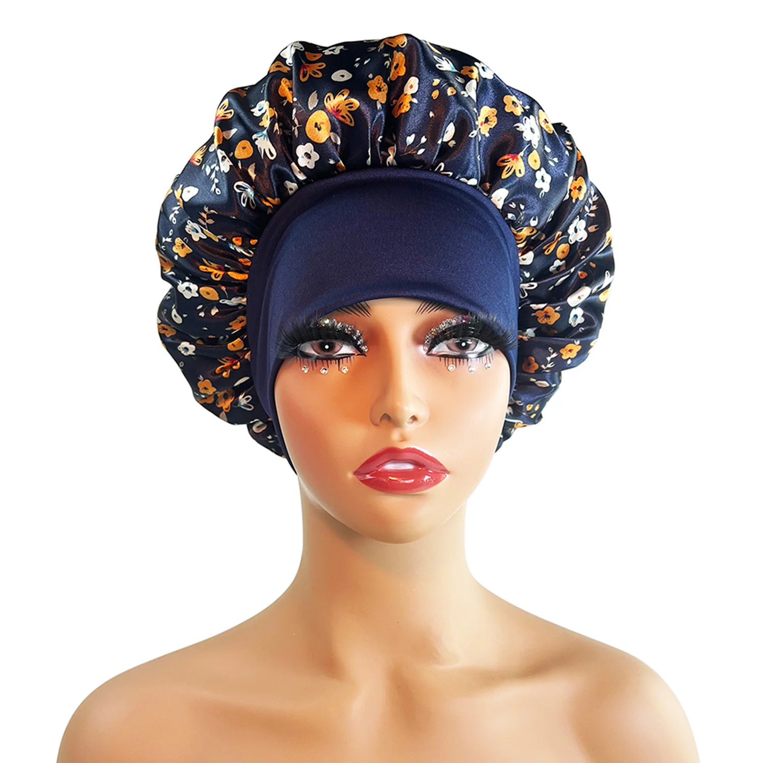 Drucken Satin Seidige Motorhaube Für Frauen Elastische Breite Band Nacht Schlaf Hut Chemo Caps Lockige Große Zöpfe Locs Abdeckung Turban Mützen – Detail 6